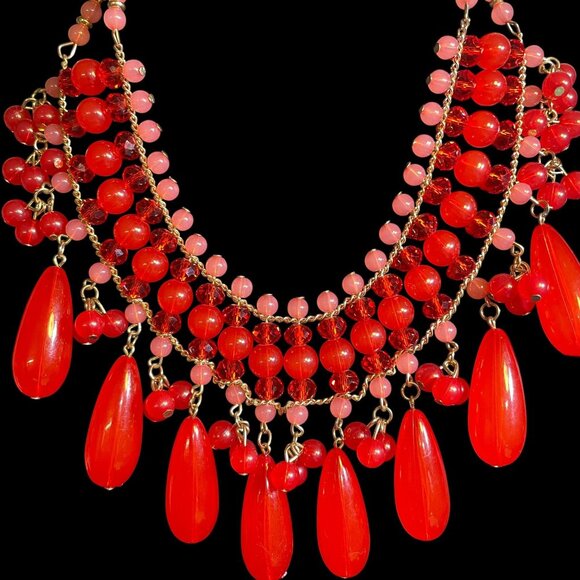 Bold Red & Pink Beaded Statement Necklace - Gold-Tone Chain, Teardrop Dangles - Picture 7 of 7